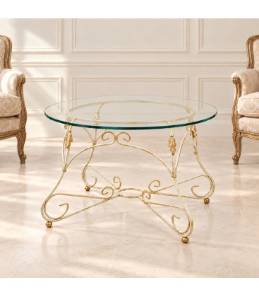 Tavolino Tondo da salotto Piano Vetro Ariel - Bianco oro