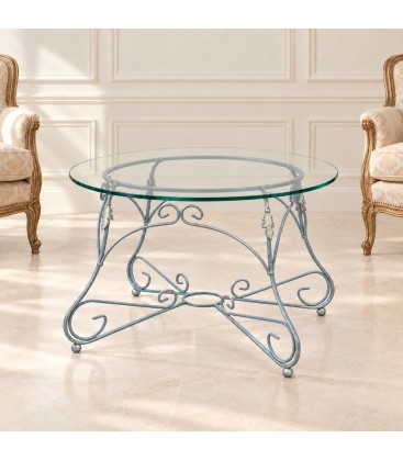 Tavolino Tondo da salotto Piano Vetro Ariel - Azzurro Shabby Chic