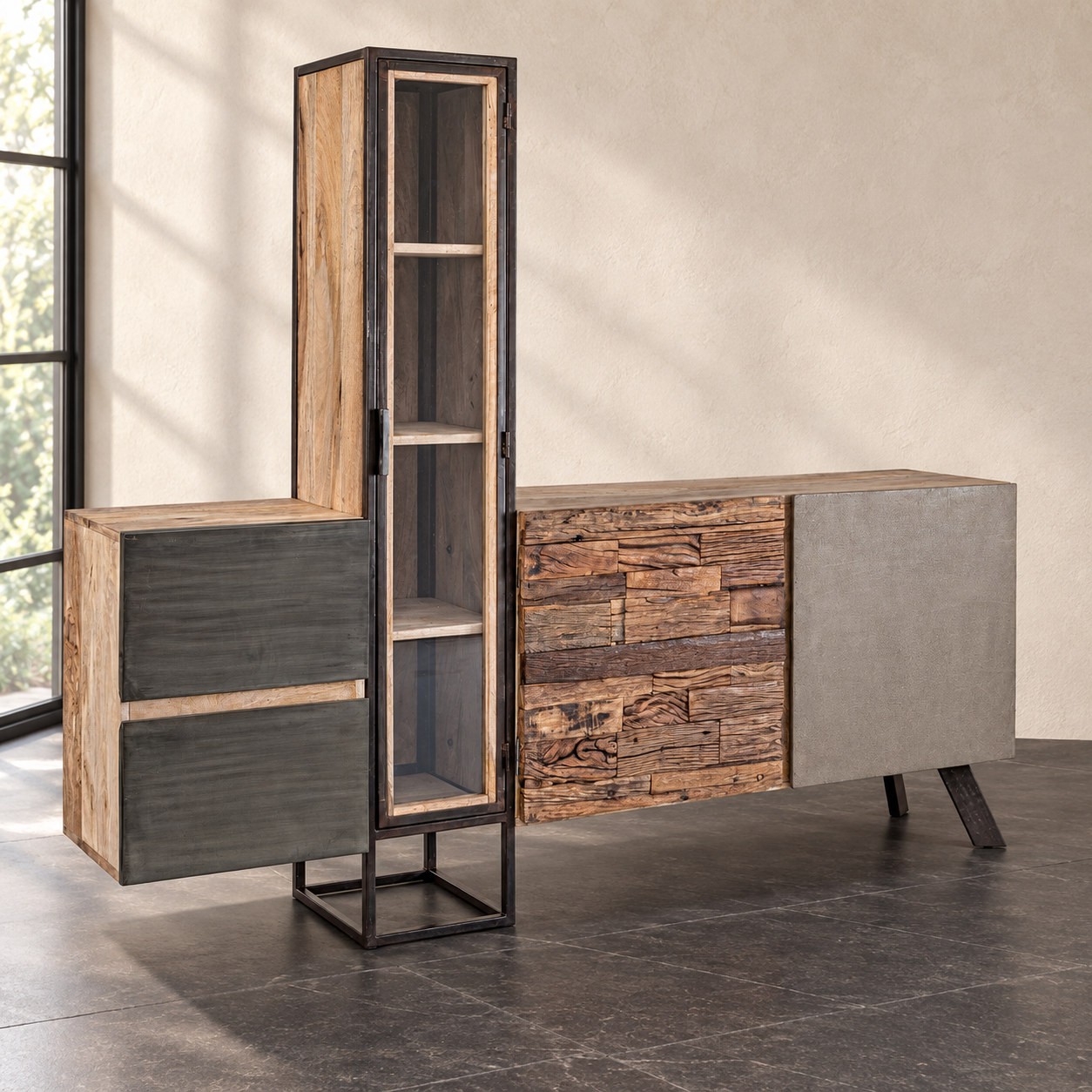 Credenza 2 ante e 2 cassetti Manchester con struttura in legno di mango