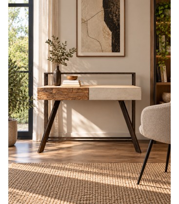 Scrivania Manchester con 2 cassetti, legno di mango e acciaio