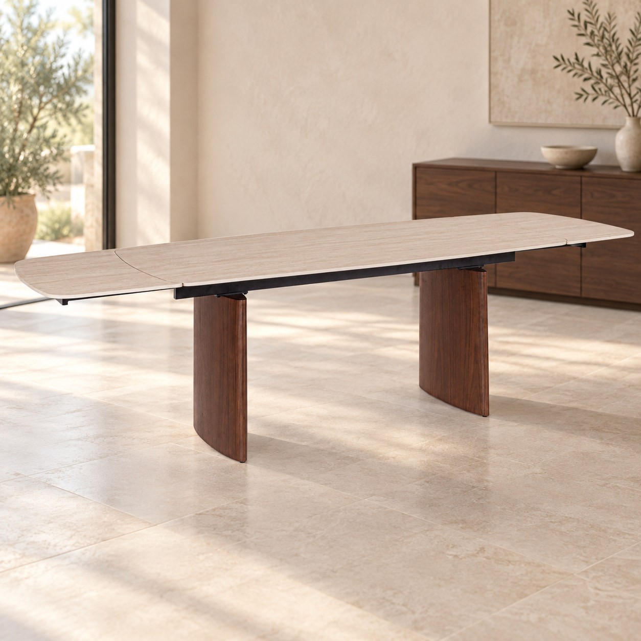 Tavolo allungabile Mailis Noce/Travertino con piano in gres