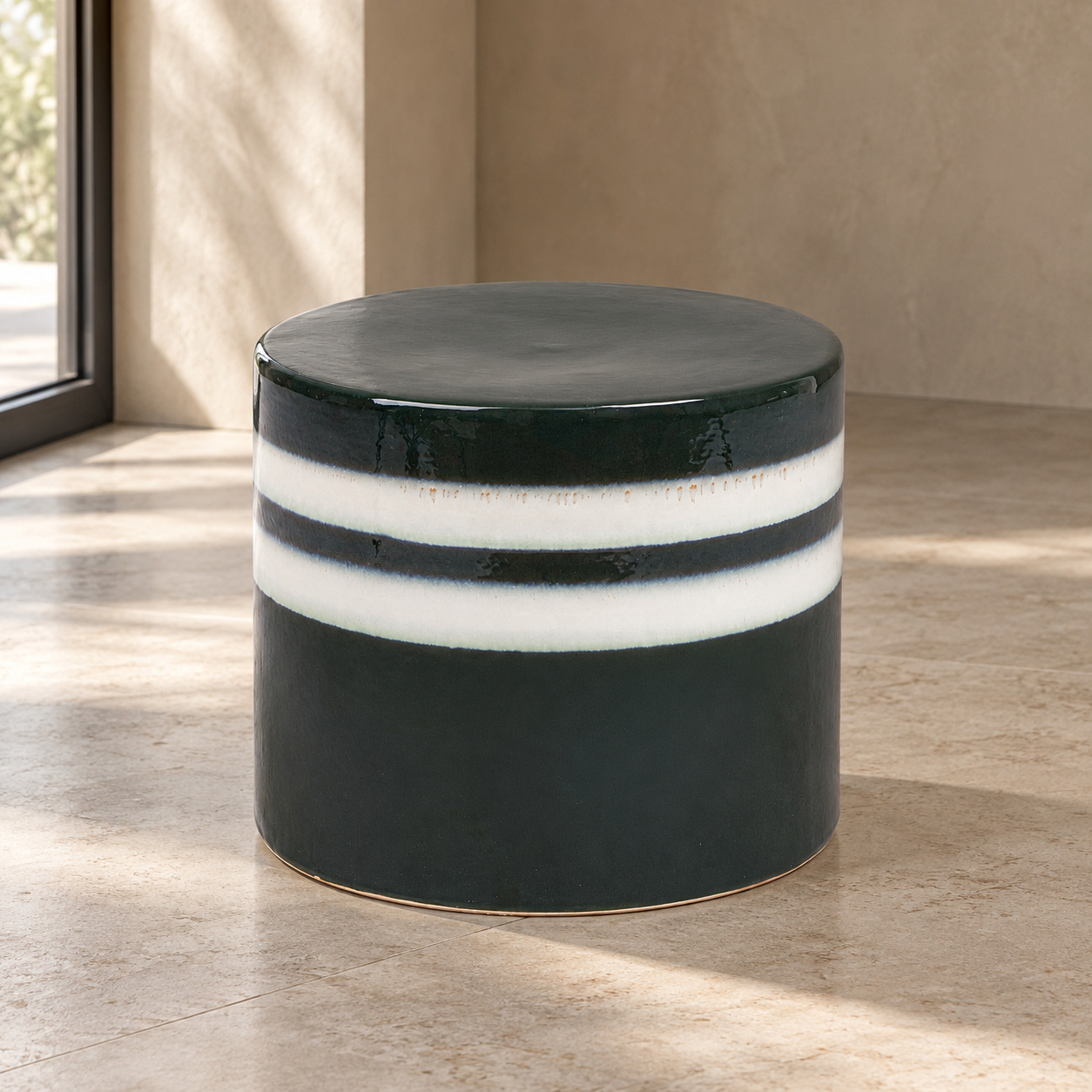 Tavolino decorativo Zalem tondo verde bianco altezza 34 cm in ceramica smaltata