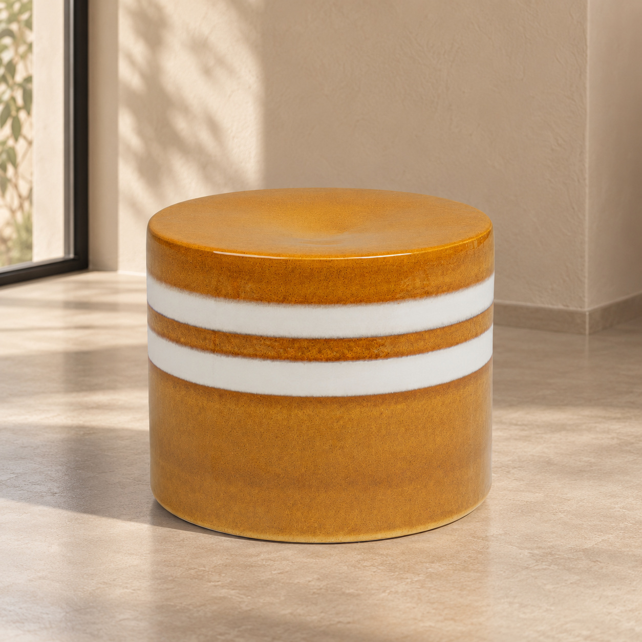 Tavolino decorativo Zalem tondo senape bianco altezza 34 cm in ceramica smaltata