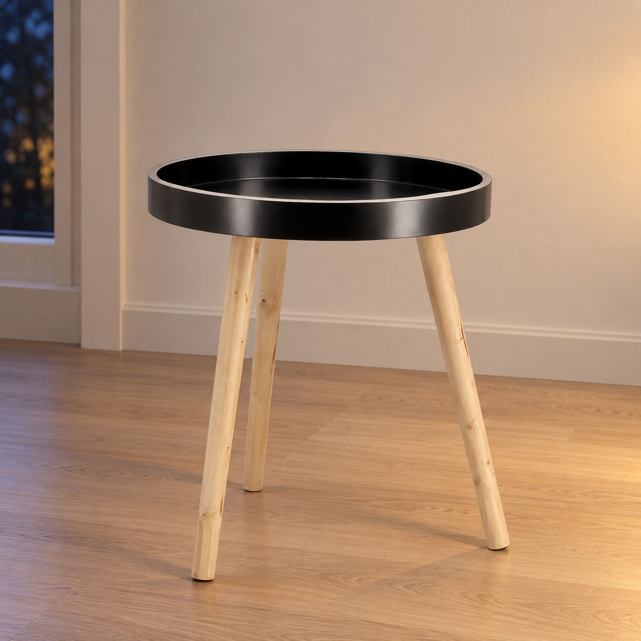 Tavolino Kelvar tondo nero e naturale con luce LED calda