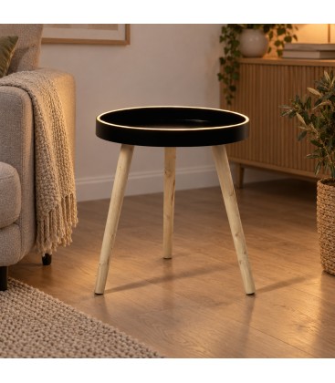 Tavolino Kelvar tondo nero e naturale con luce LED calda