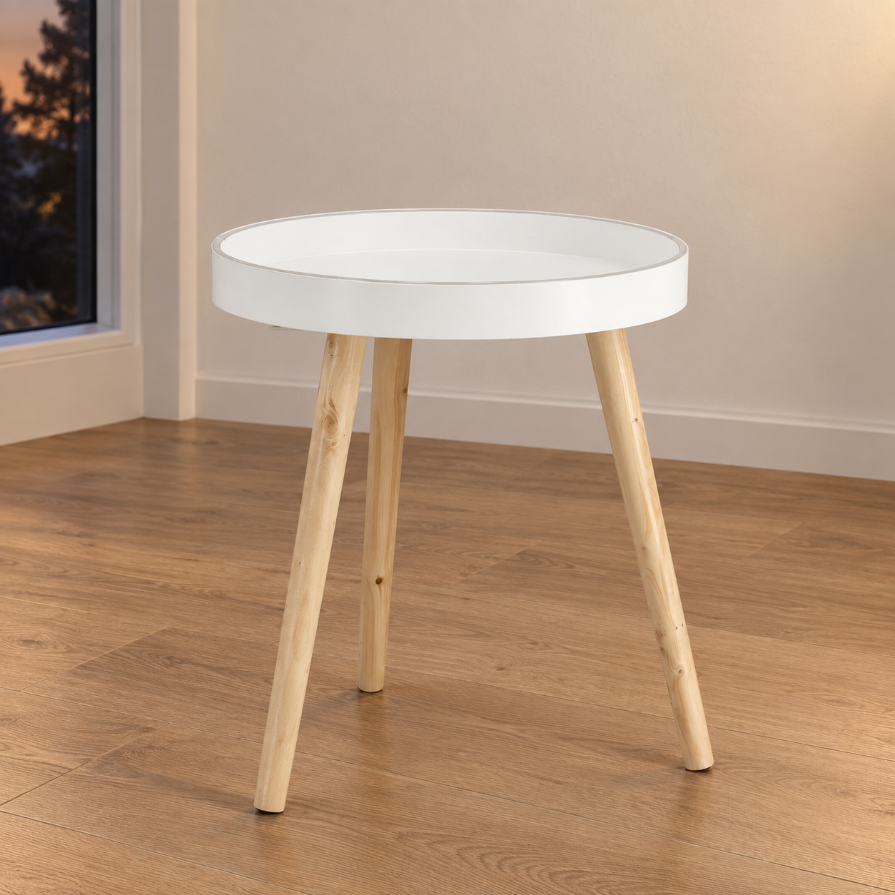 Tavolino Kelvar tondo bianco e naturale con luce LED calda