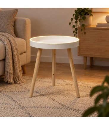 Tavolino Kelvar tondo bianco e naturale con luce LED calda