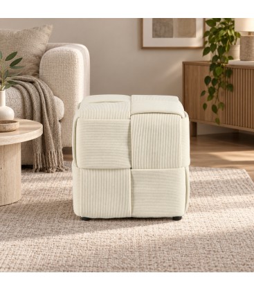 Pouf Orlyn quadrato intrecciato avorio altezza 40 cm con rivestimento effetto velluto
