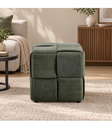 Pouf Orlyn quadrato intrecciato verde scuro altezza 40 cm con rivestimento effetto velluto