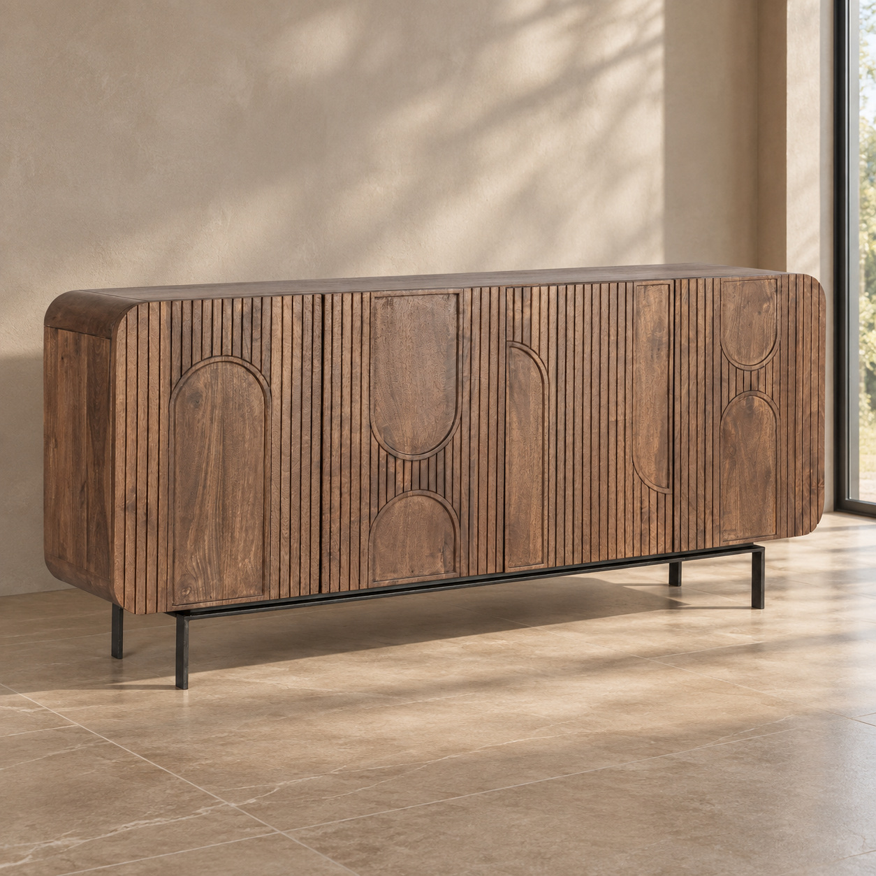 Credenza 4 ante Orissa naturale con struttura in legno di mango
