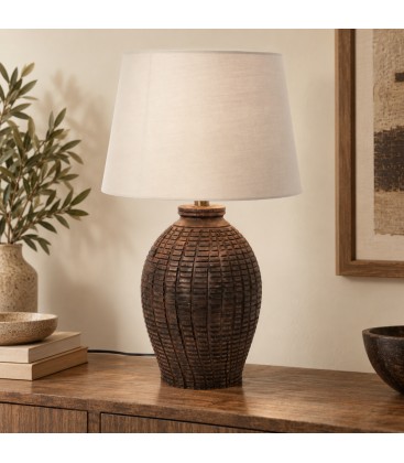 Lampada da tavolo Linea con paralume bianco e base in teak riciclato