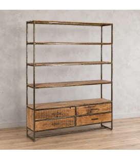 Libreria Elmer in legno di acacia con 4 cassetti