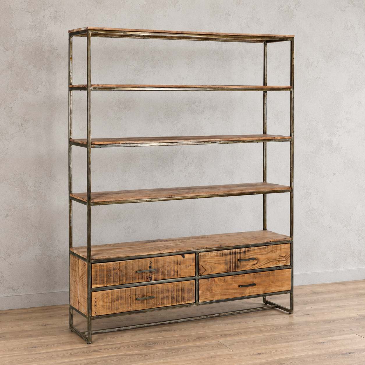 Libreria Elmer in legno di acacia con 4 cassetti
