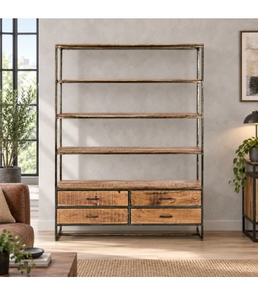 Libreria Elmer in legno di acacia con 4 cassetti