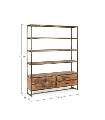 Libreria Elmer in legno di acacia con 4 cassetti