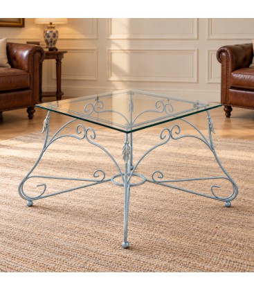 Tavolino Quadrato da salotto Piano Vetro Ariel - Azzurro Shabby Chic