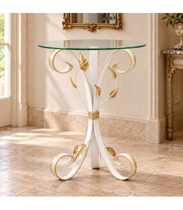 Tavolino da Salotto Tondo con Piano in Vetro - Bianco oro