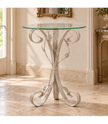 Tavolino da Salotto Tondo con Piano in Vetro - Tortora Shabby Chic