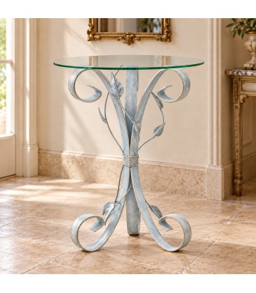 Tavolino da Salotto Tondo con Piano in Vetro - Azzurro Shabby Chic