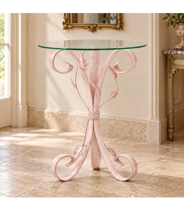 Tavolino da Salotto Tondo con Piano in Vetro - Rosa Shabby Chic