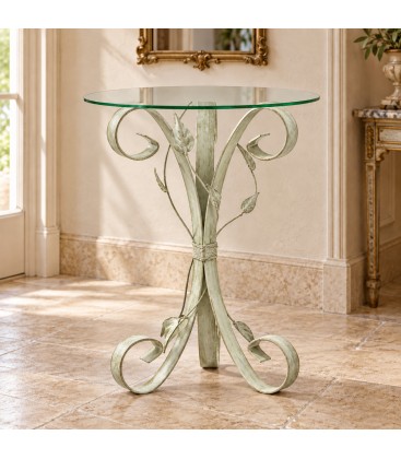Tavolino da Salotto Tondo con Piano in Vetro - Verde Shabby Chic