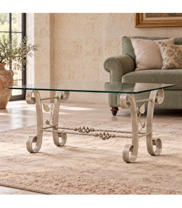 Tavolino Rettangolare da salotto Foglie in Ferro Battuto - Tortora Shabby Chic