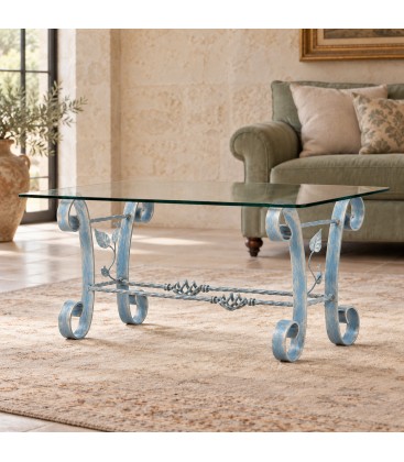 Tavolino Rettangolare da salotto Foglie in Ferro Battuto - Azzurro Shabby Chic