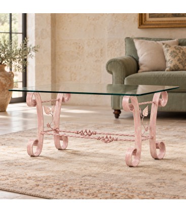 Tavolino Rettangolare da salotto Foglie in Ferro Battuto - Rosa Shabby Chic