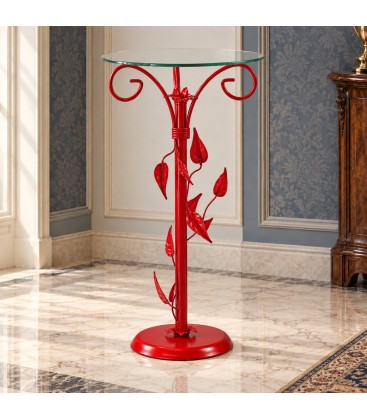 Tavolino da salotto Alto Ferro Battuto Foglie - Rosso