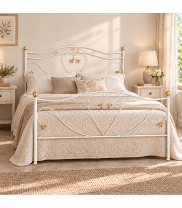 Letto matrimoniale in Ferro Battuto Cuore - Bianco oro