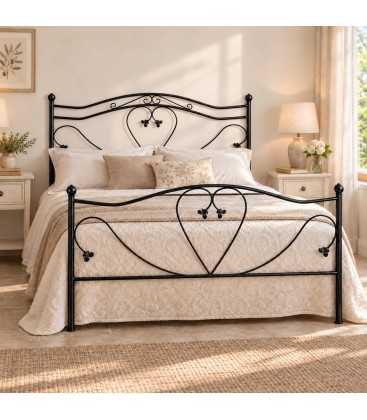 Letto matrimoniale in Ferro Battuto Cuore - Nero lucido