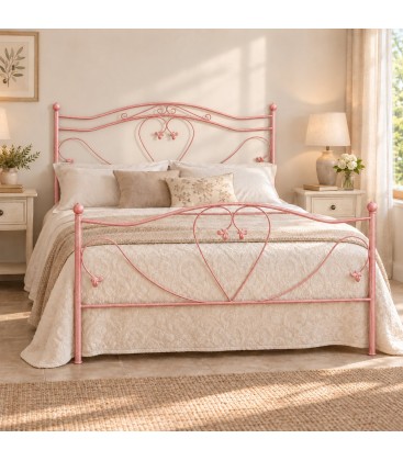Letto matrimoniale in Ferro Battuto Cuore - Rosa Shabby Chic