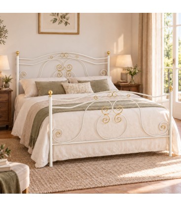 Letto francese in Ferro Battuto Barocco - Bianco oro