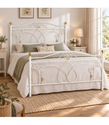 Letto francese in Ferro Battuto Ester - Bianco oro