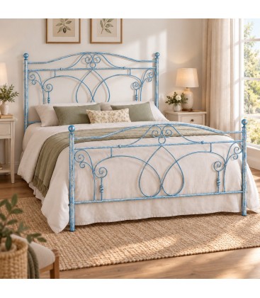 Letto francese in Ferro Battuto Ester - Azzurro Shabby Chic