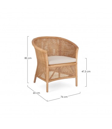 Poltrona Adelfa in rattan con cuscino sfoderabile disegno tecnico con misure