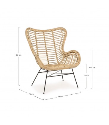 Poltrona Casilda con struttura in rattan disegno tecnico con misure