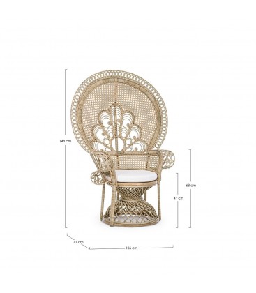 Poltrona Peacock naturale con cuscini sfoderabili disegno tecnico con misure