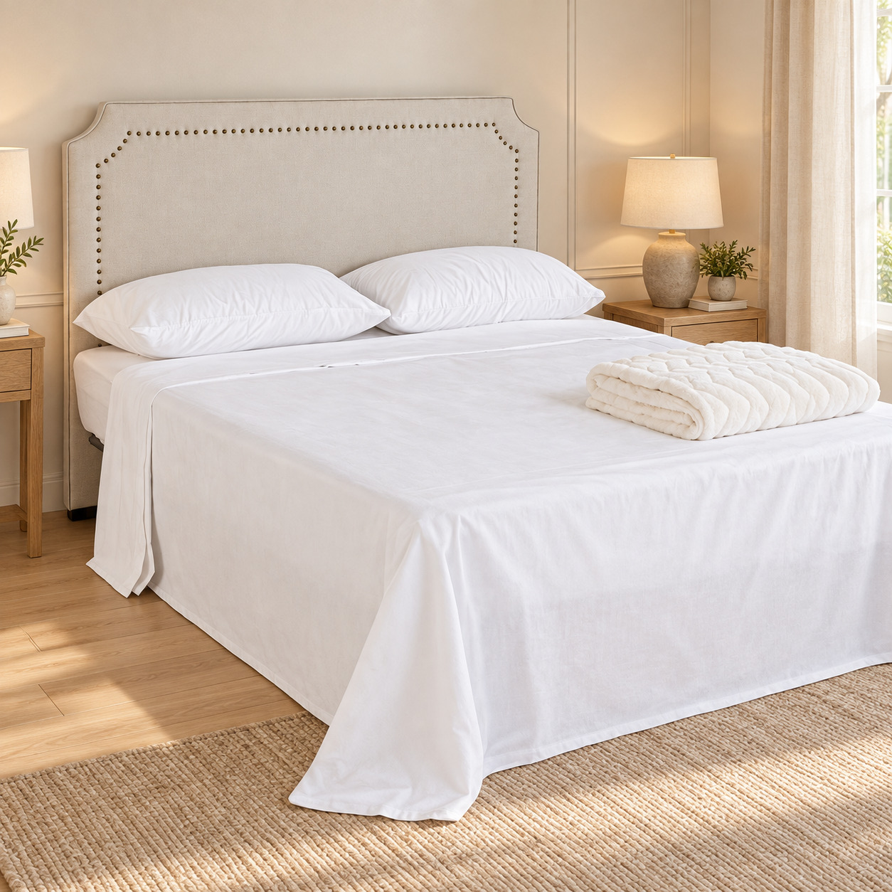 Testiera letto Zenda naturale con piedini in legno di pino ambientazione con arredi