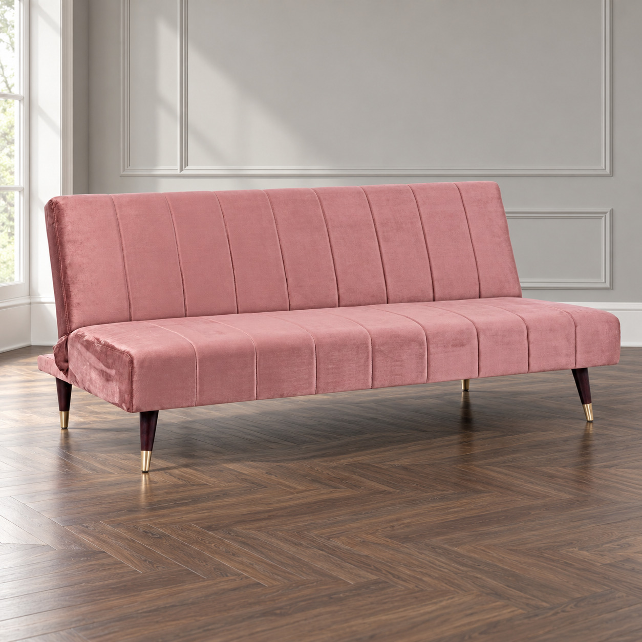 Divano letto 3 posti Alma rosa effetto velluto ambientato
