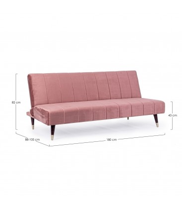Divano letto 3 posti Alma rosa effetto velluto disegno tecnico con misure