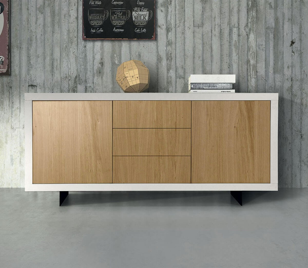 Credenza moderna bianco e rovere con piedi in metallo