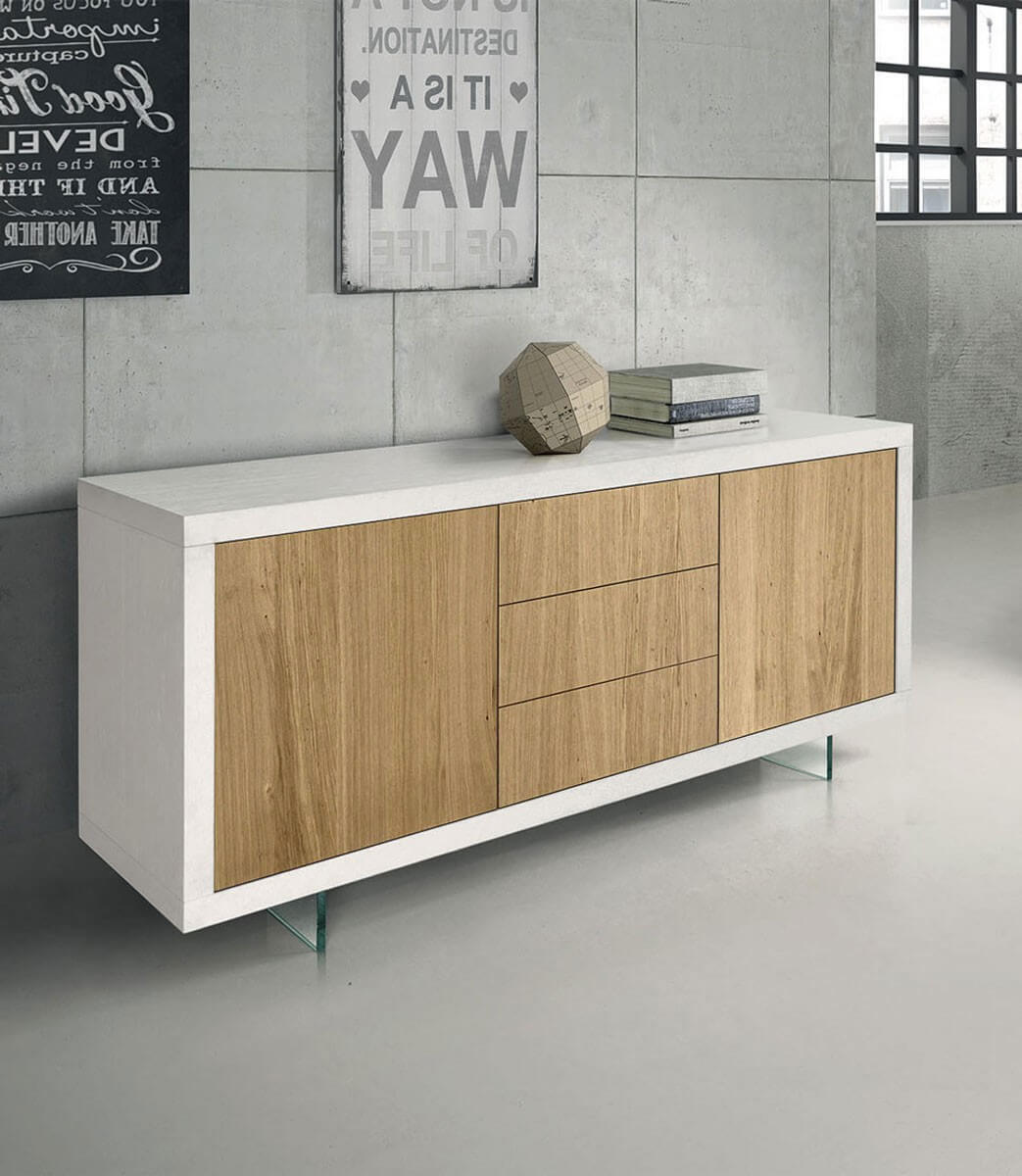 Credenza moderna bianco e rovere con piedi in metallo