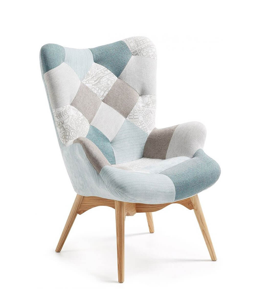 Poltrona patchwork imbottita con braccioli e schienale