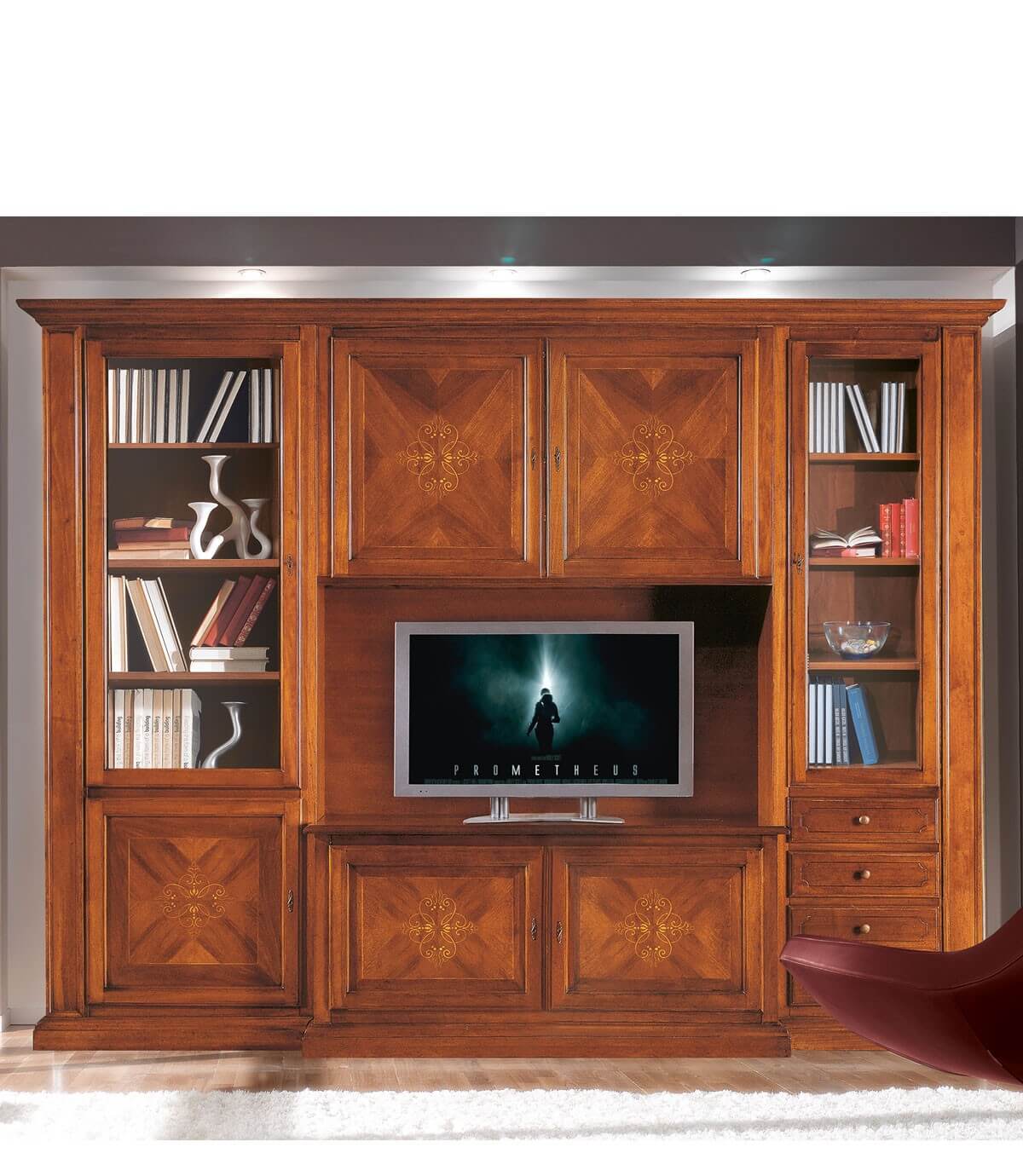Composizione parete attrezzata classica noce con decori