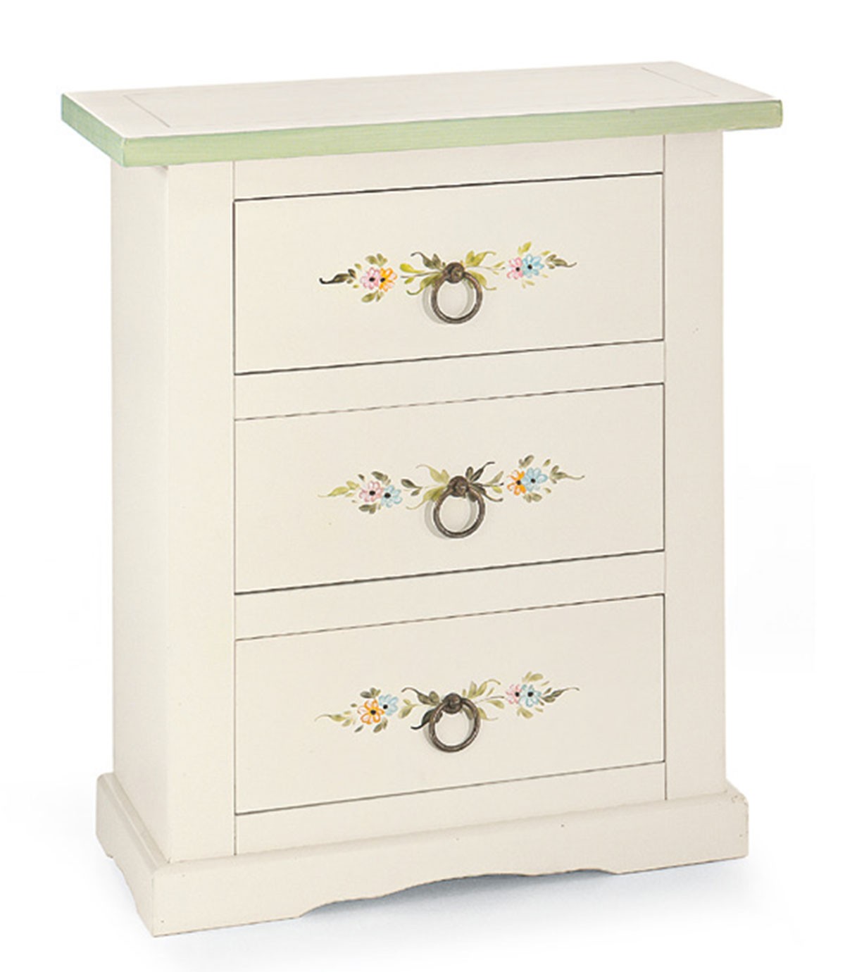 Comodino 3 cassetti shabby bianco lucido con decori
