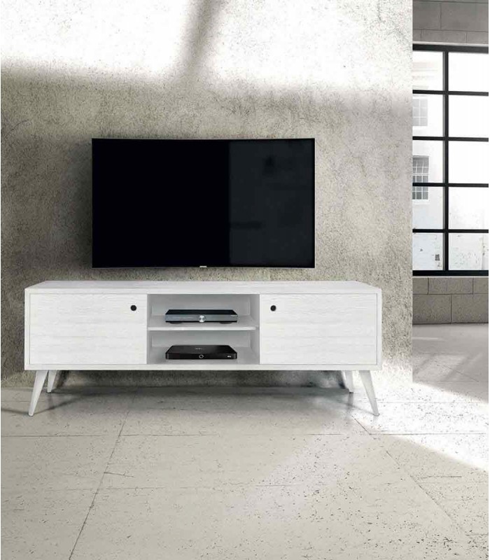 Porta TV moderno in abete spazzolato massello Bianco - Spazio Casa