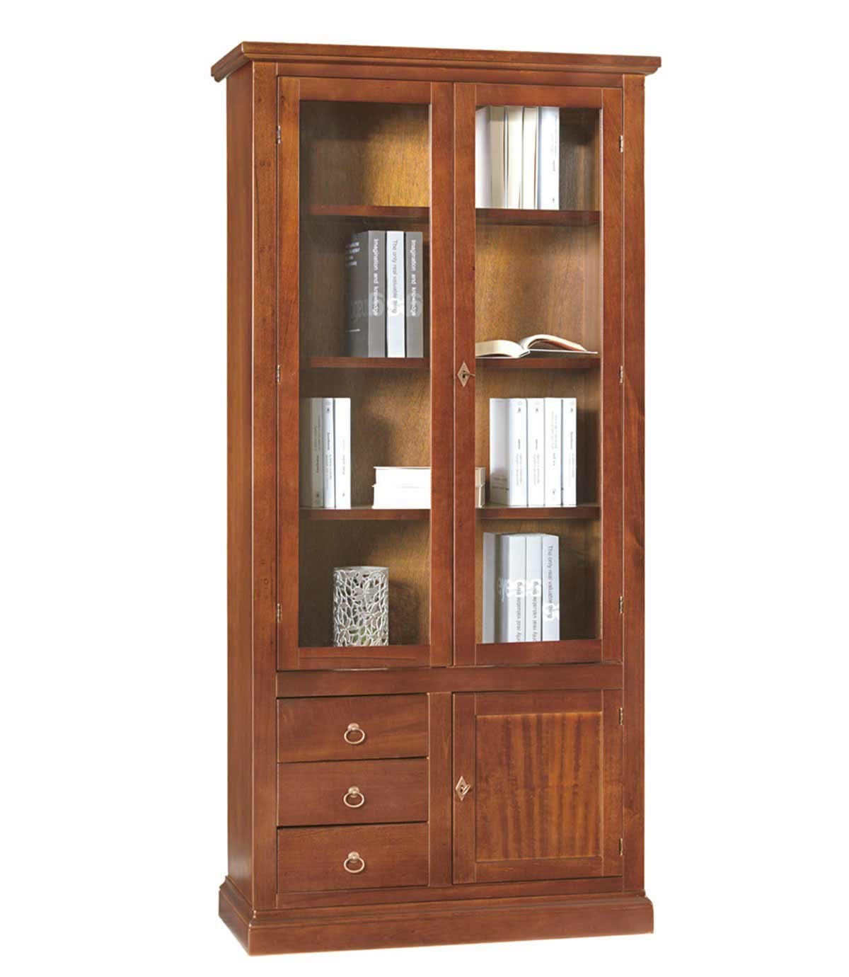 Libreria 2 ante + 3 cassetti e anta chiusa in legno Noce