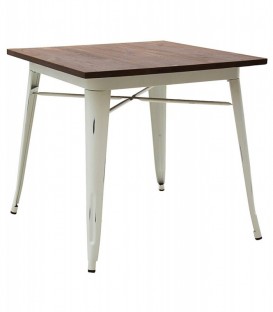 Tavolo quadrato in metallo bianco con piano in legno