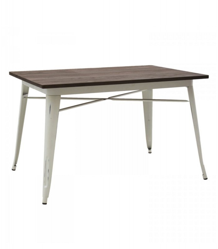 Tavolo rettangolare in metallo bianco con piano in legno